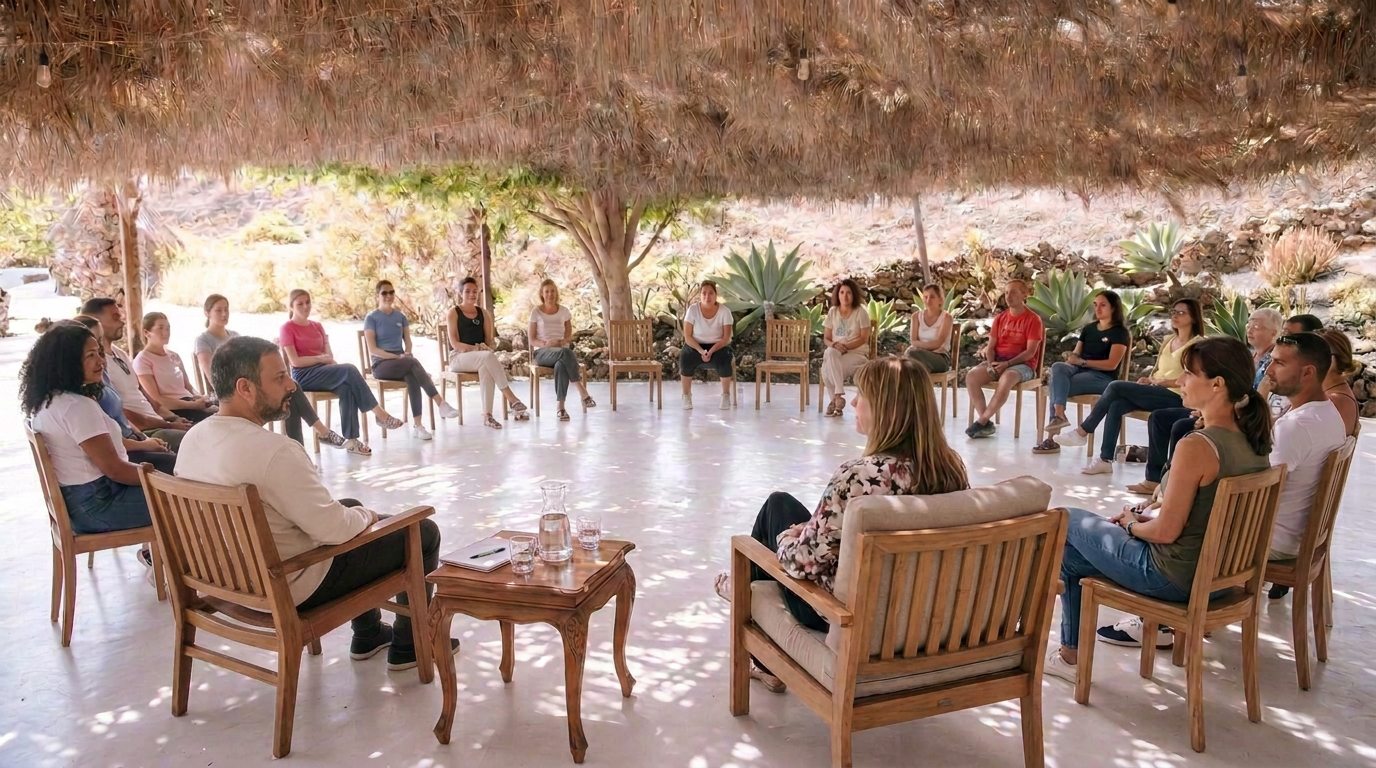 Un grupo sentado en círculo bajo un techo de palma, en un jardín de Lanzarote